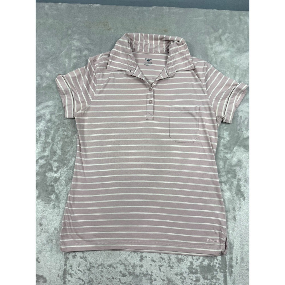Patagonia Womens Mauve White Striped Organic Cotton Polo Shirt S Granola Girl